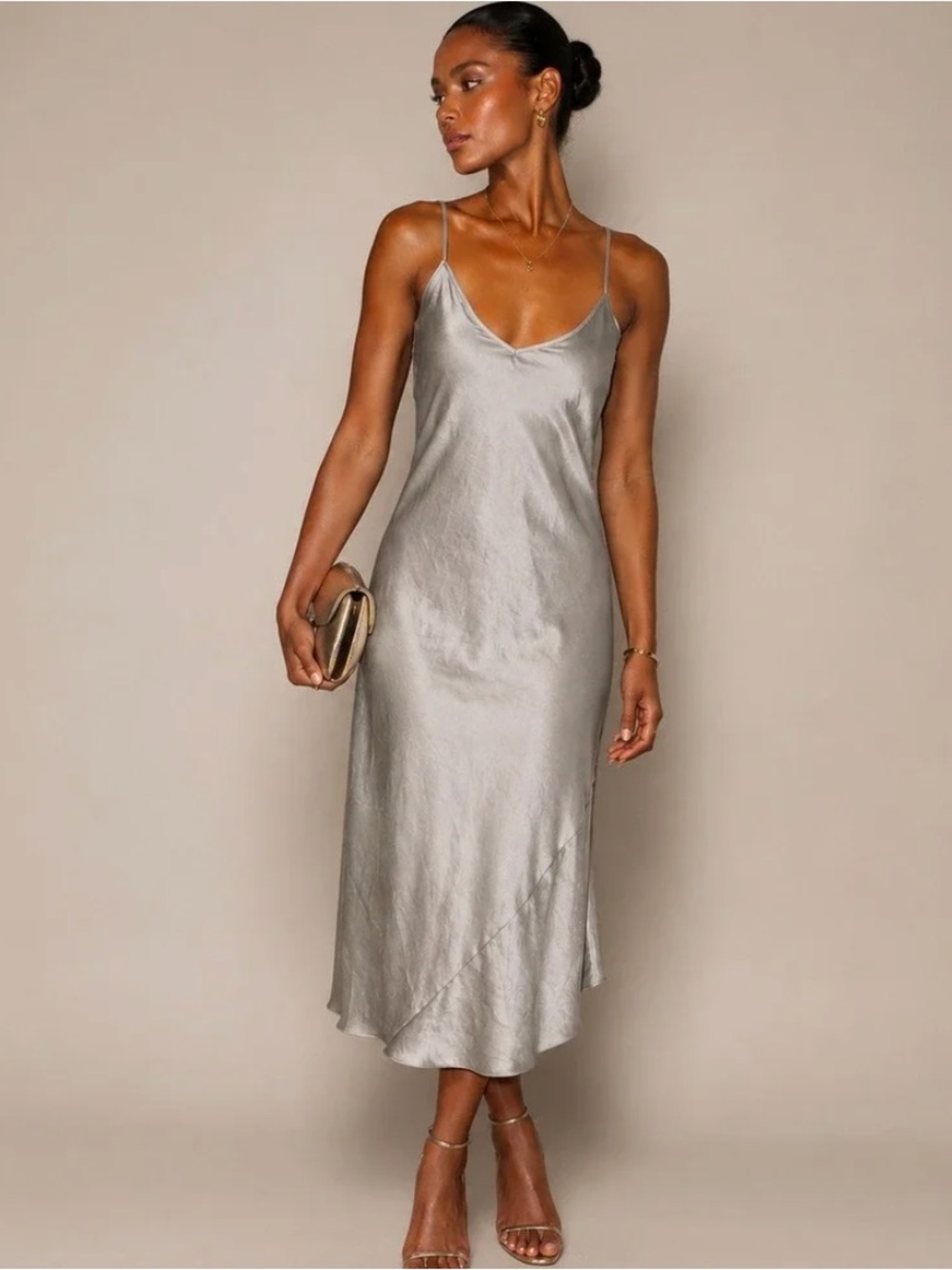 Aritzia Wilfred Satin Slip Midi Dress in Silver
